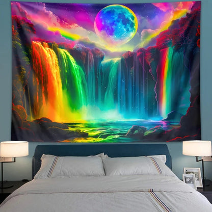 1PC Colorful Waterfall UV Response tapestry, Moon Night Sky Natural Landscape