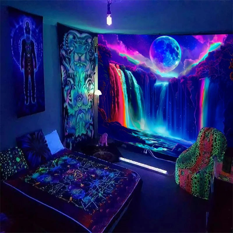 1PC Colorful Waterfall UV Response tapestry, Moon Night Sky Natural Landscape