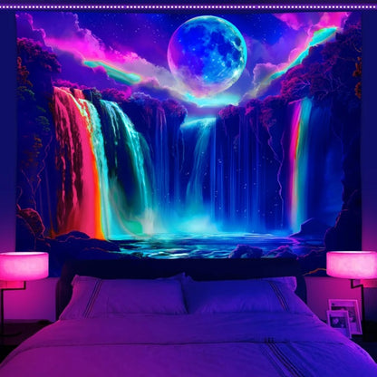 1PC Colorful Waterfall UV Response tapestry, Moon Night Sky Natural Landscape